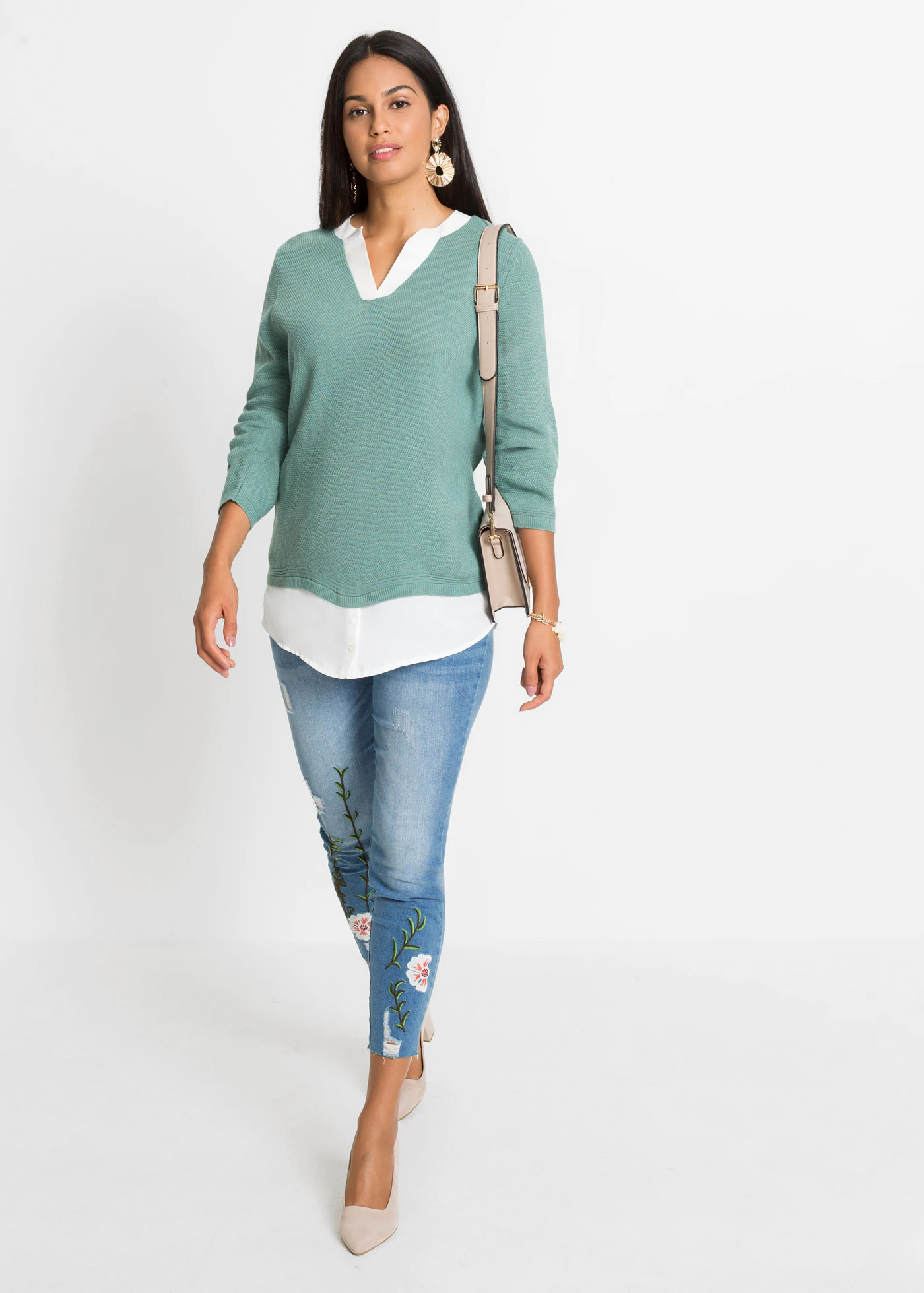Fijngebreide trui met blouse-inzet • rooksalie • bonprix online shop