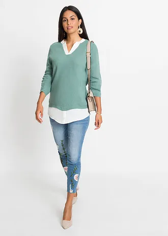Fijngebreide trui met blouse-inzet, Kleur: rooksalie/wit