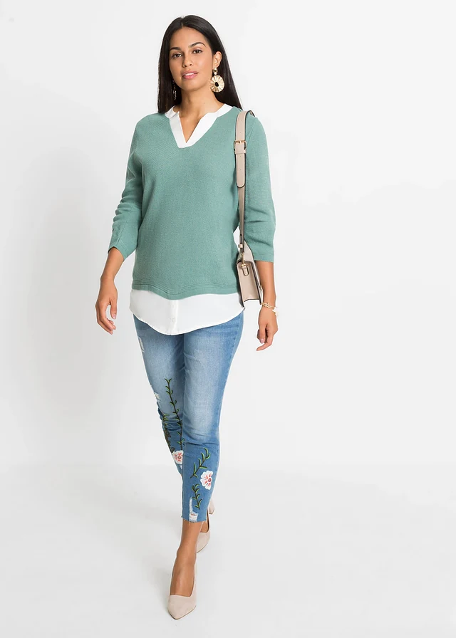 Pull en fine maille avec empiècement chemisier, Couleur: sauge fumé -blanc
