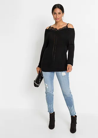 Ajour trui met kant • zwart • bonprix online shop