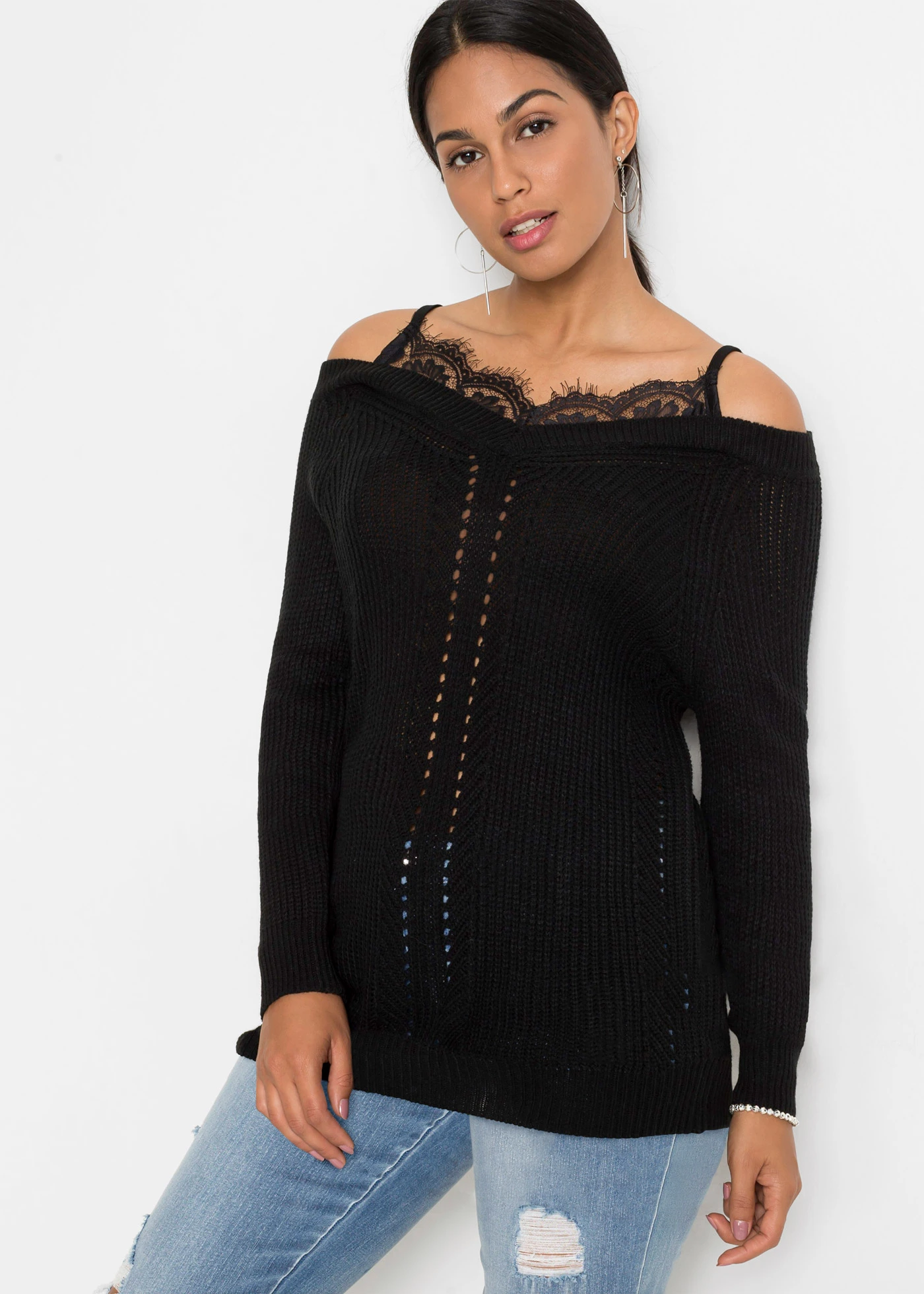 Ajour trui met kant • zwart • bonprix online shop