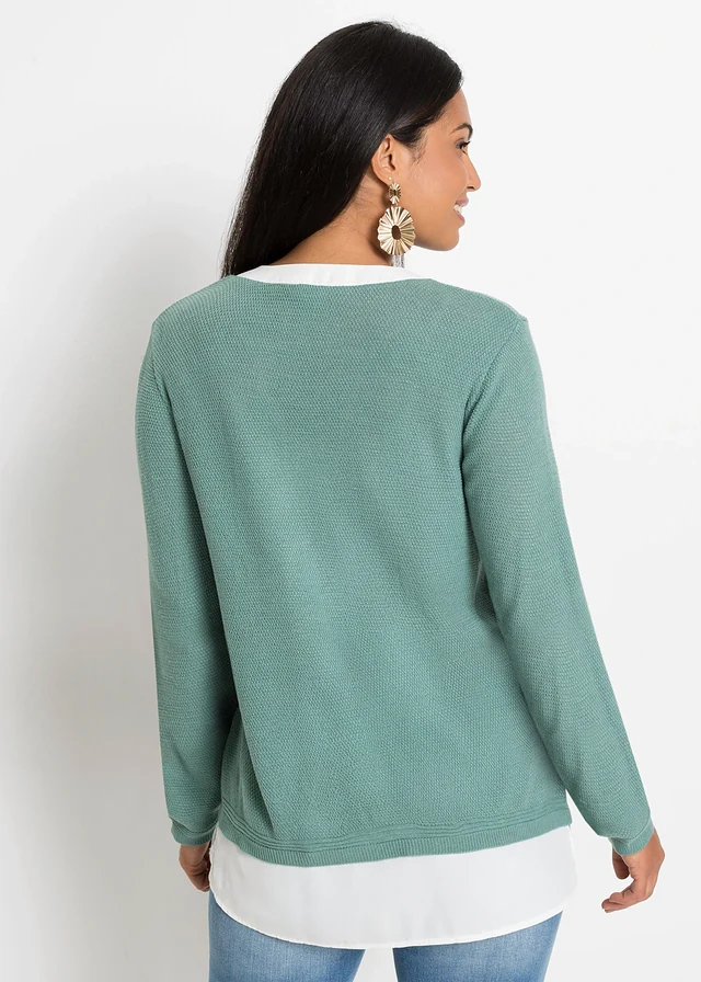 Pull en fine maille avec empiècement chemisier, Couleur: sauge fumé -blanc