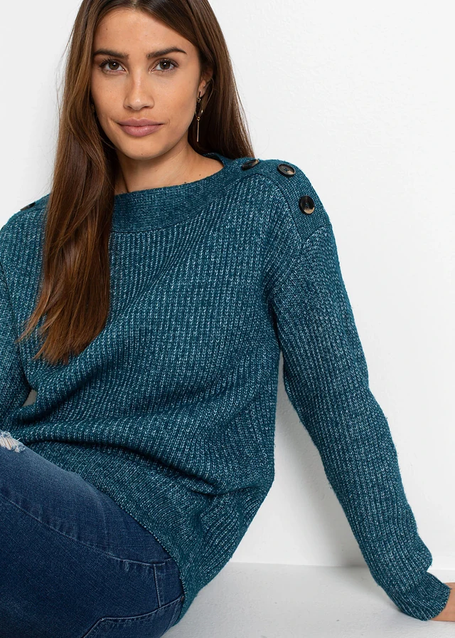 Oversized trui met knopen • blauwpetrol gemêleerd • product-page.page-title-suffix