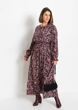 Gedessineerde maxi jurk, Kleur: zwart-roze gebloemd