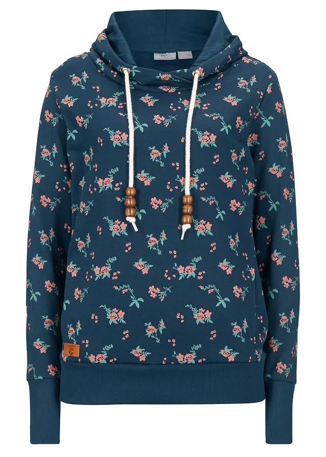 Sweat à capuche avec cordon, 100% coton, Couleur: bleu foncé floral