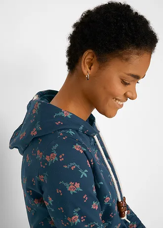 Mikina s kapucí a tkaničkami, z čisté bavlny • tmavě modrá s květy • bonprix obchod