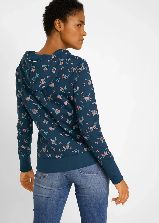 Sweat à capuche avec cordon, 100% coton, Couleur: bleu foncé floral