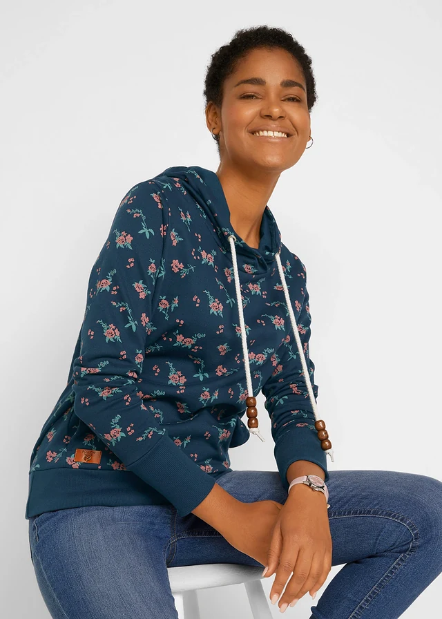 Sweat à capuche avec cordon, 100% coton, Couleur: bleu foncé floral