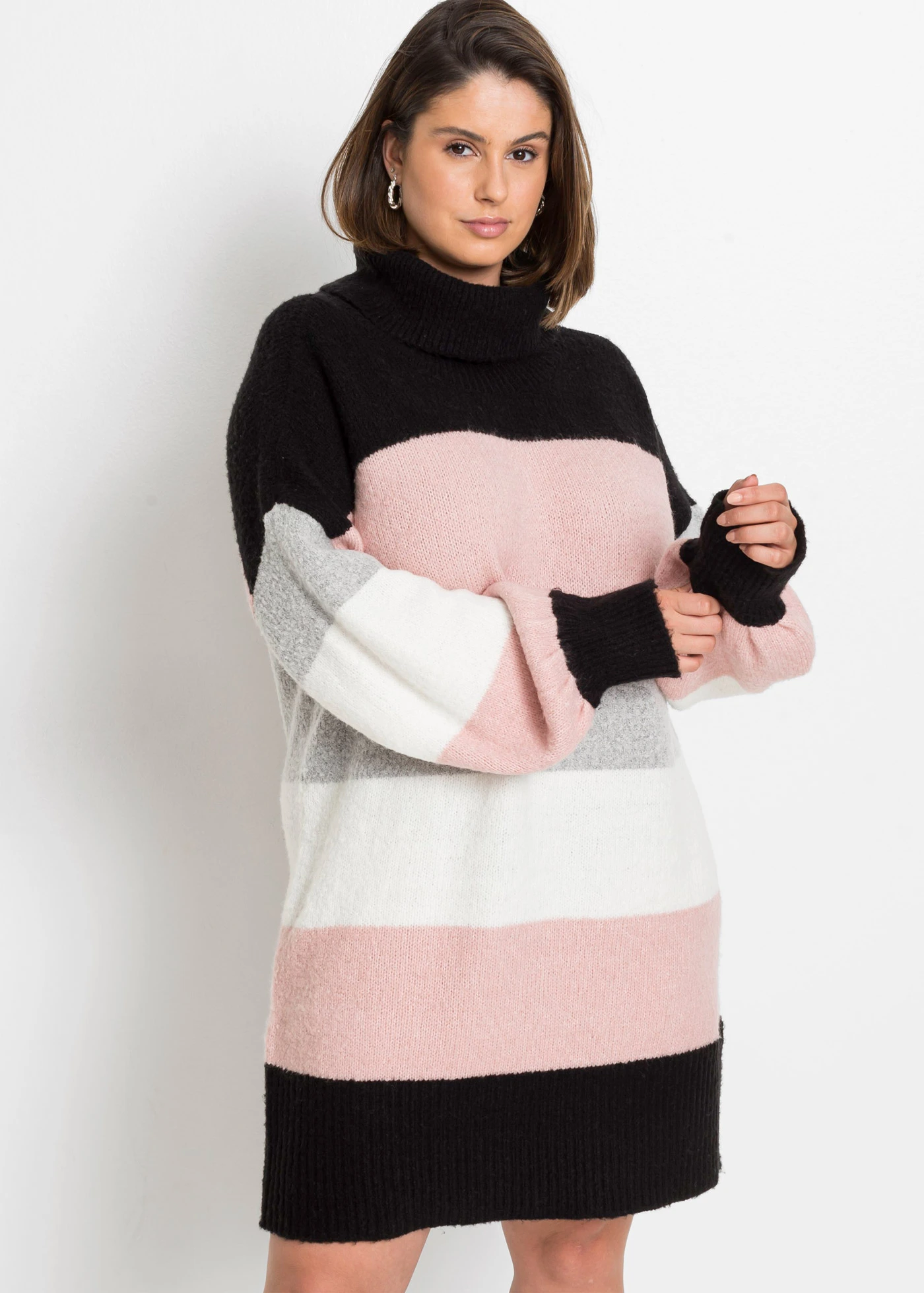 Lange trui • zwart/oudroze/grijs gemêleerd/wolwit gestreept plus size • bonprix online shop