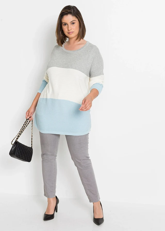 Pull côtelé, Couleur: gris clair chiné / écru / bleu glacé rayé