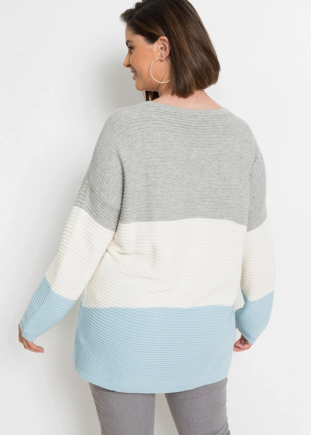 Pull côtelé, Couleur: gris clair chiné / écru / bleu glacé rayé