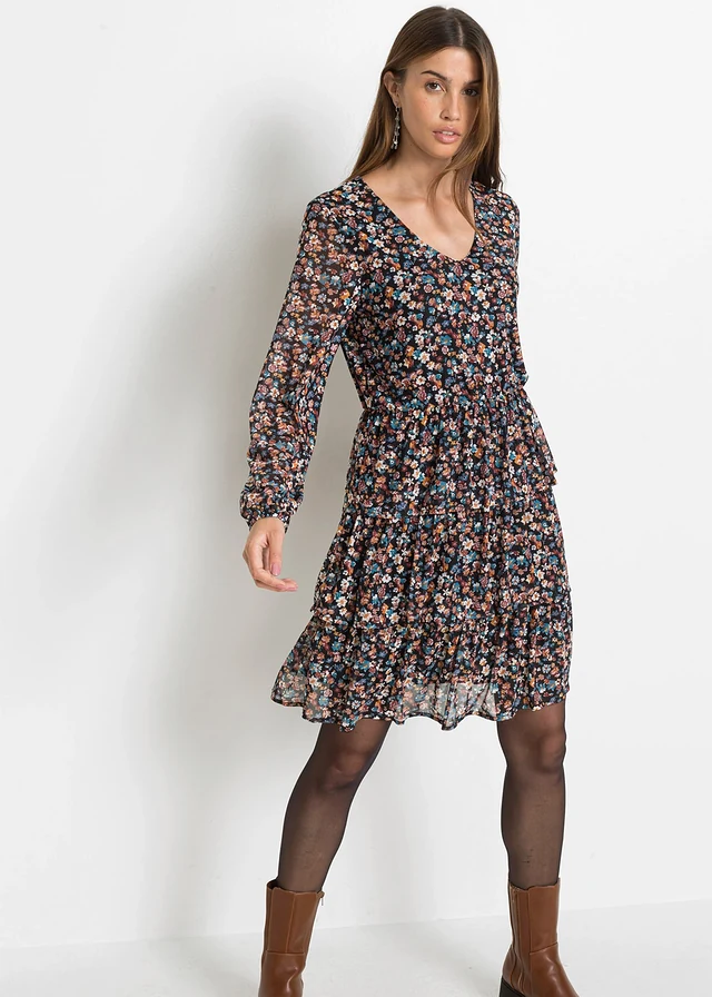 Mesh mini jurk, Kleur: zwart gebloemd