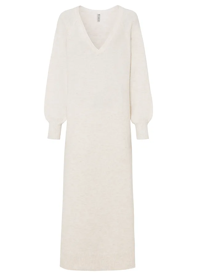 Gebreide oversized midi jurk, Kleur: wolwit gemêleerd
