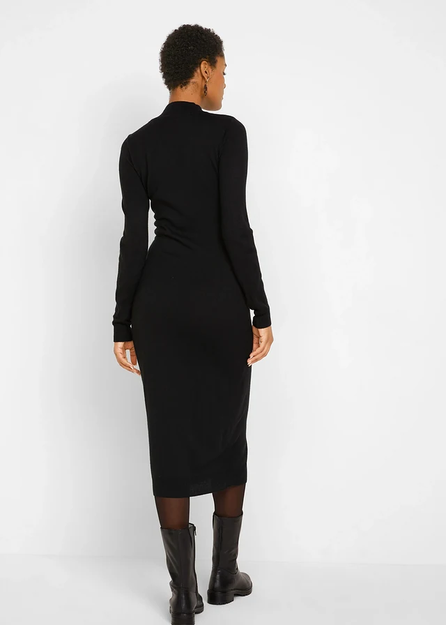 Robe en fine maille à col montant, Couleur: noir