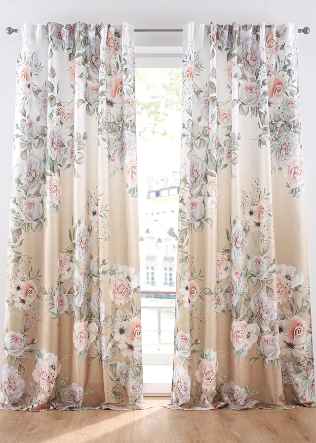 Microvezel gordijn met rozenprint (1 stuk), Kleur: wit-crème