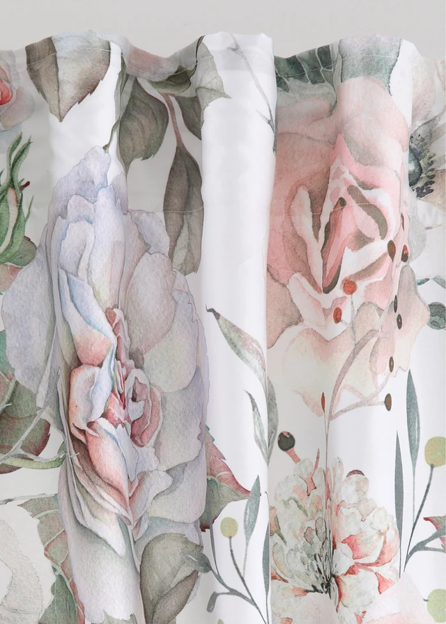 Rideau en microfibre à imprimé roses avec polyester recyclé (1 pce), Couleur: blanc crème