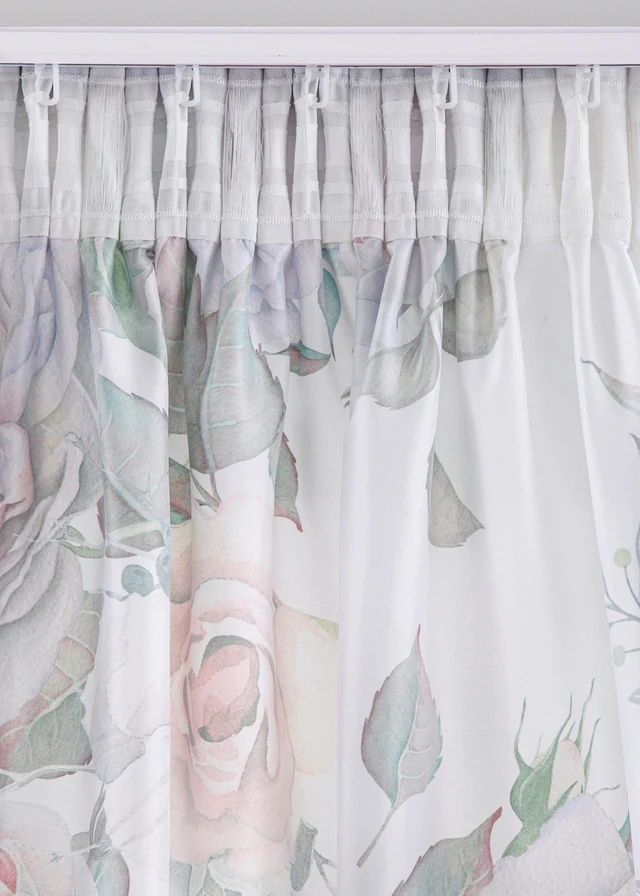 Microvezel gordijn met rozenprint (1 stuk), Kleur: wit-crème
