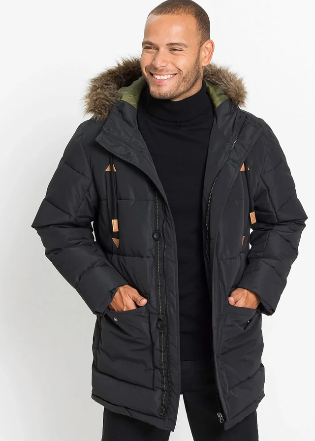 Parka d’hiver à capuche peluche et détails enduits, Couleur: noir