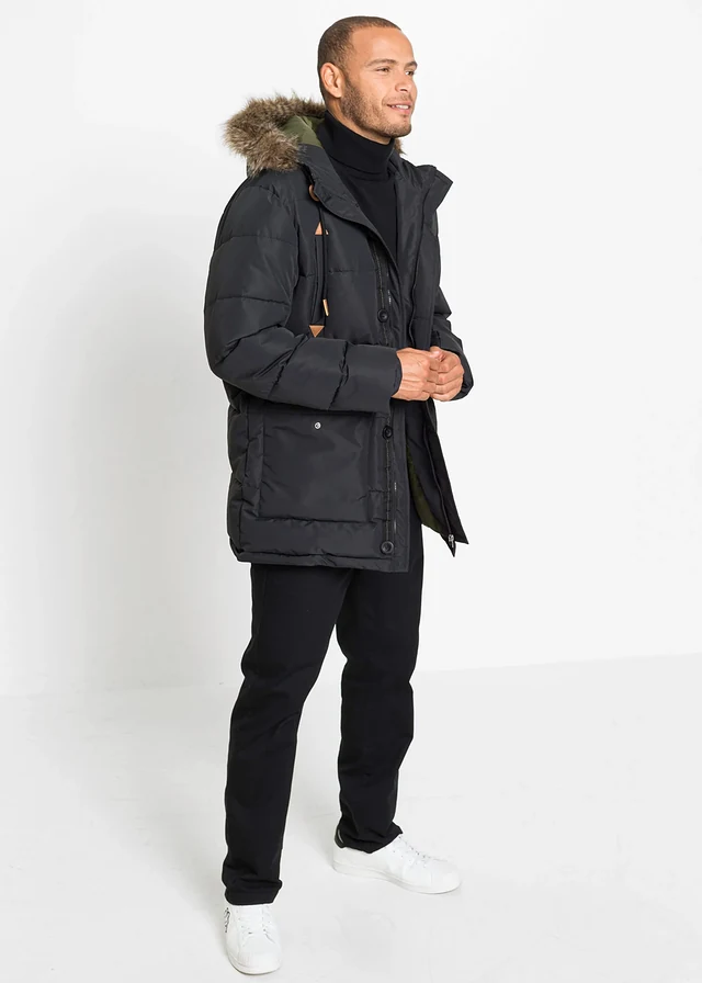 Parka d’hiver à capuche peluche et détails enduits, Couleur: noir