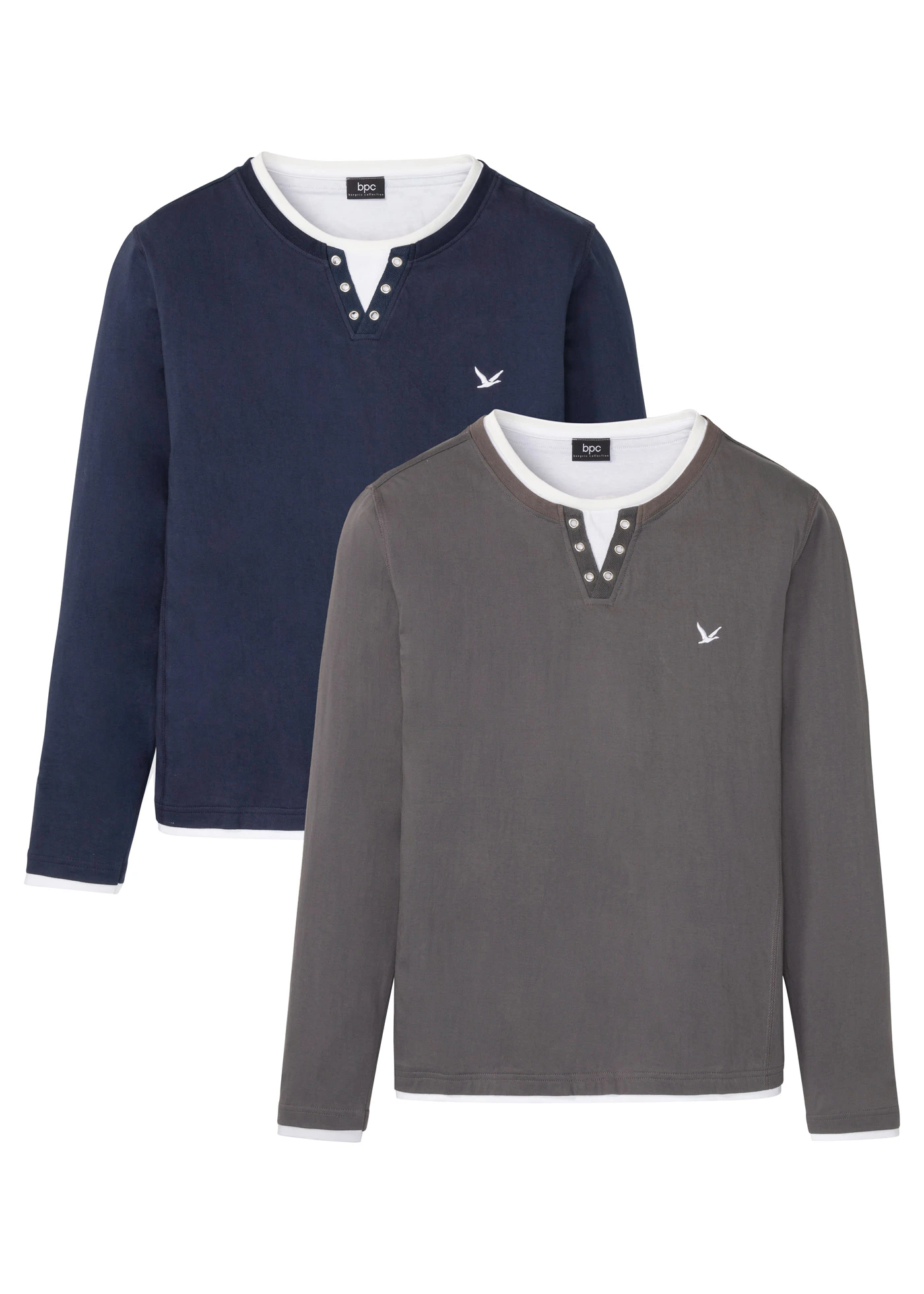 Lot de 2 T-shirts manches longues, style 2en1 • bleu foncé + gris fumé • Boutique bonprix