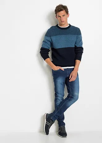 Pull col rond style color block, Couleur: bleu foncé rayé