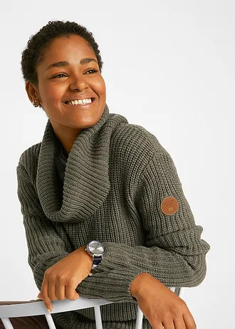 Svetr z hrubého úpletu se širokým límcem • olivová • bonprix obchod