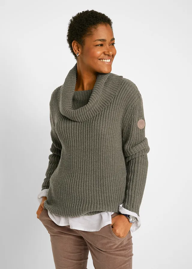 Pull en grosse maille avec col large, Couleur: olive