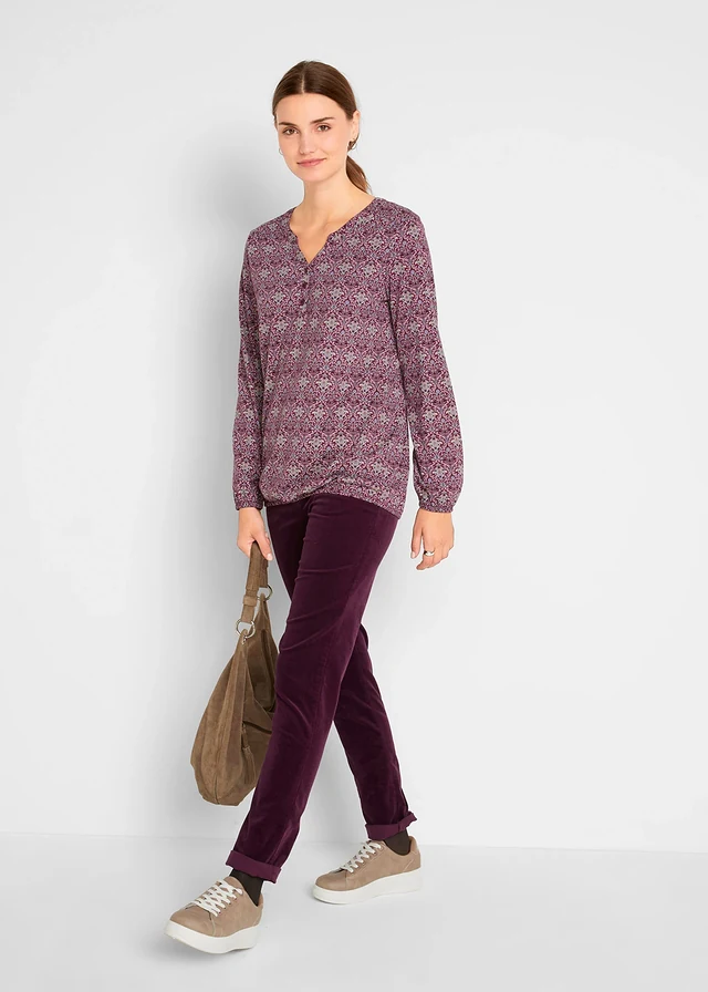 Gedessineerde longsleeve met Henley kraag, Kleur: bessen