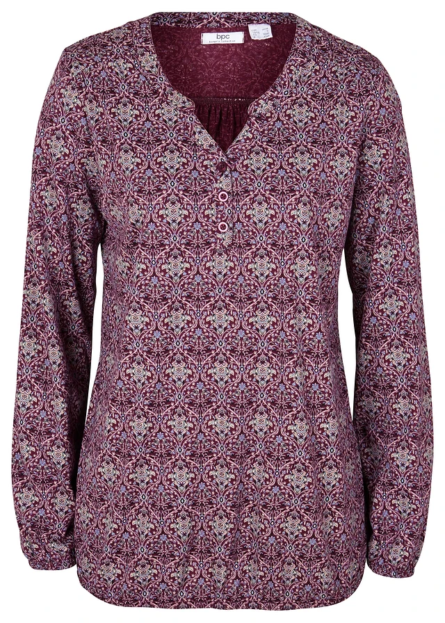 Gedessineerde longsleeve met Henley kraag, Kleur: bessen