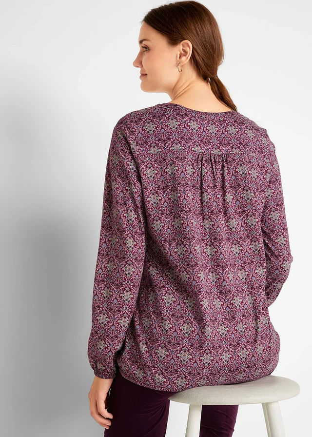 Gedessineerde longsleeve met Henley kraag, Kleur: bessen