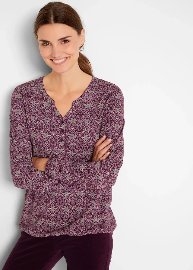 T-shirt manches longues imprimé avec col Henley, Couleur: prune