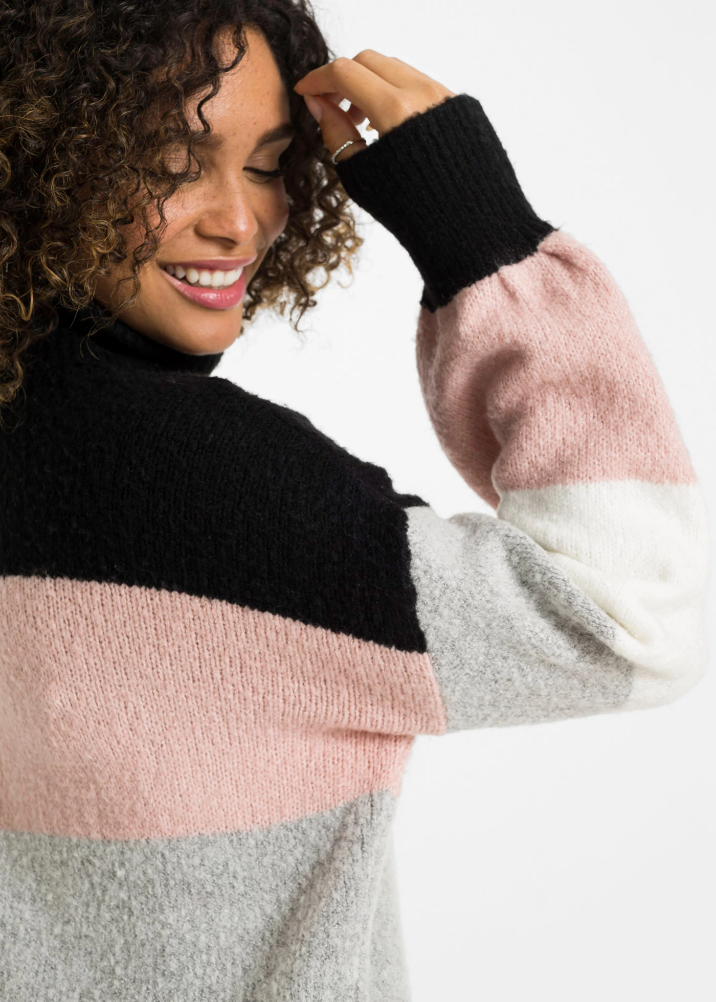 Lange trui • zwart/oudroze/grijs gemêleerd/wolwit gestreept • bonprix online shop