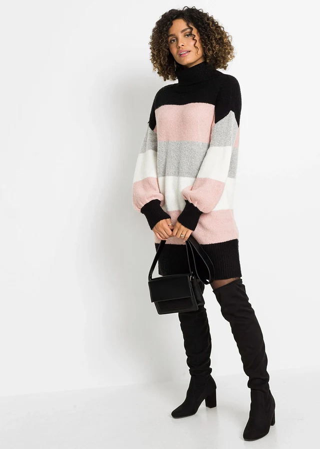 Pull long, Couleur: noir-vieux rose-gris chiné-écru rayé