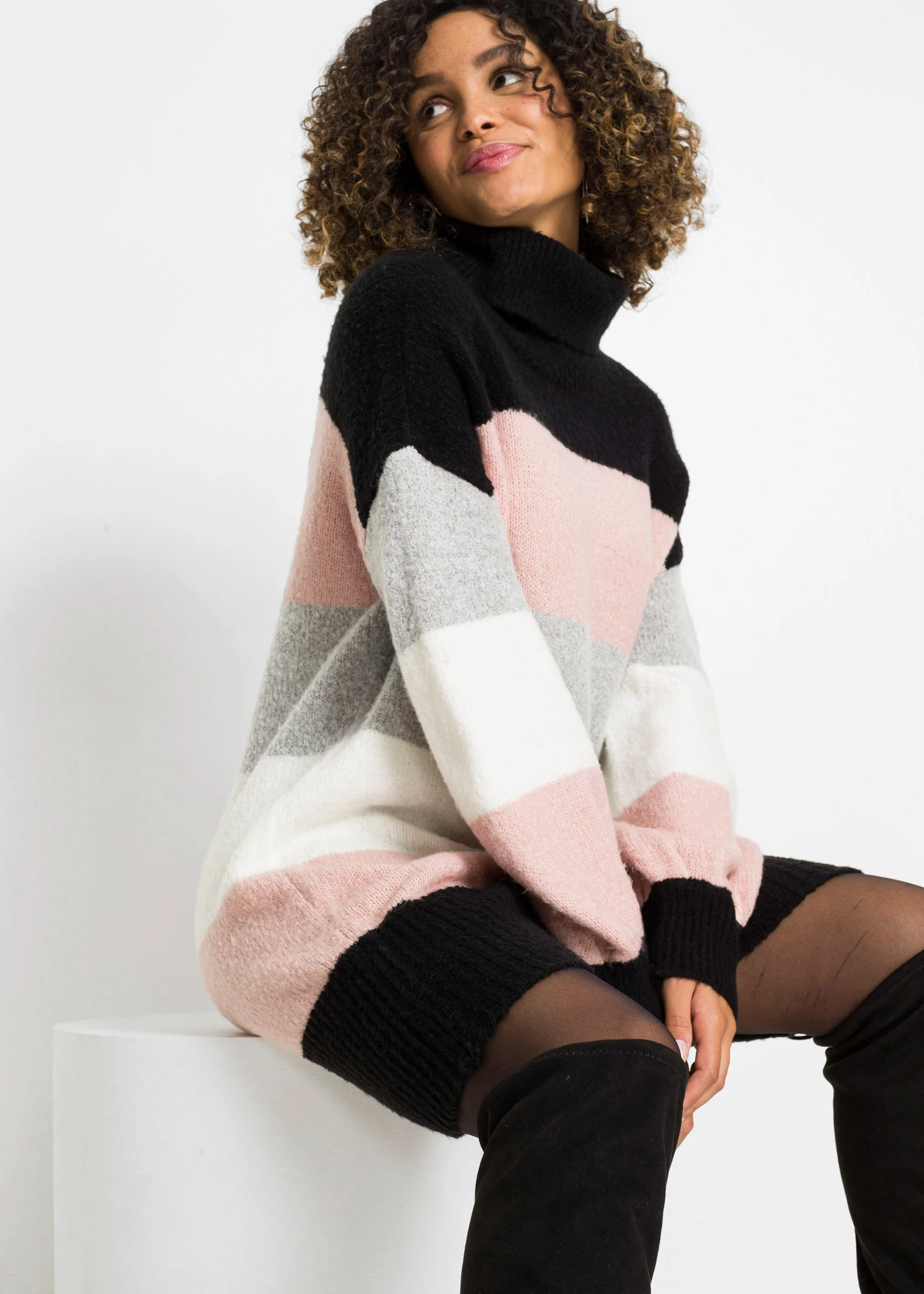 Lange trui • zwart/oudroze/grijs gemêleerd/wolwit gestreept • bonprix online shop