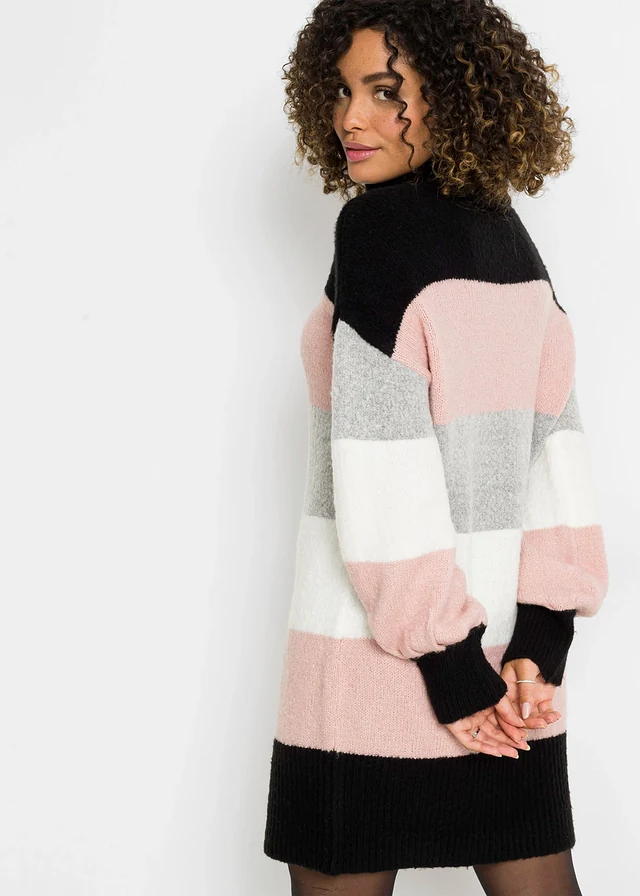 Pull long, Couleur: noir-vieux rose-gris chiné-écru rayé
