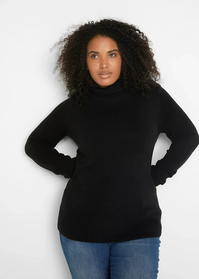 Pull col roulé basique en fine maille, Couleur: noir