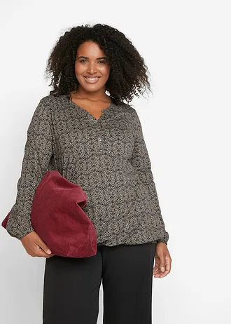 Potištěné triko s Henley límečkem, dlouhý rukáv, barva: kouřově zelená