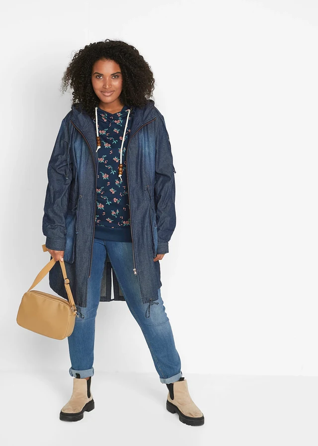 Sweat à capuche avec cordon, 100% coton, Couleur: bleu foncé floral