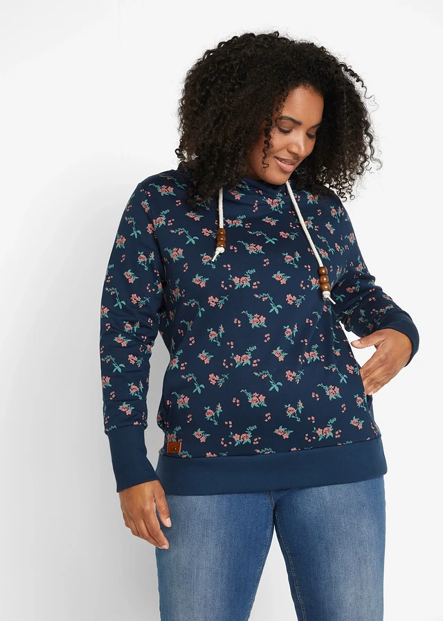 Sweat à capuche avec cordon, 100% coton, Couleur: bleu foncé floral