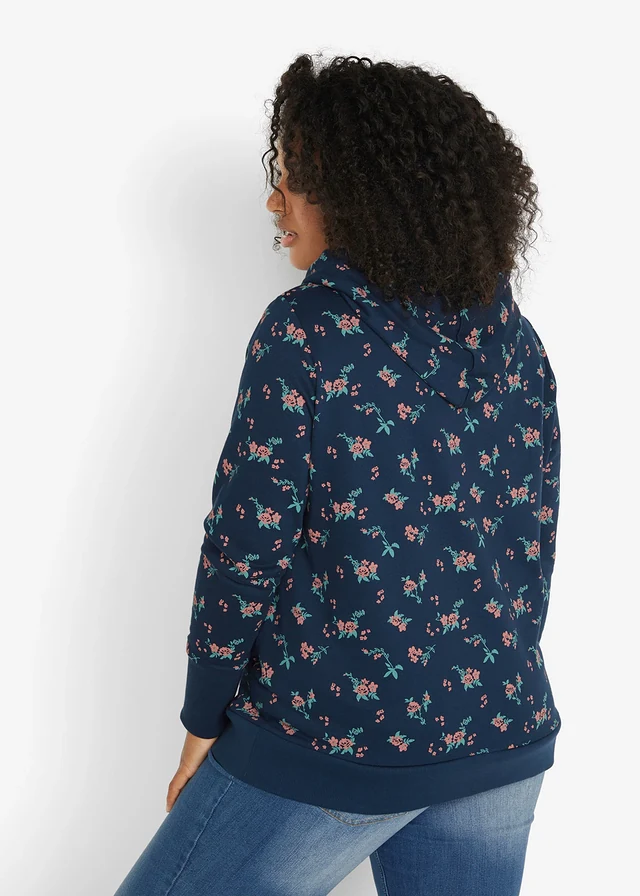 Sweat à capuche avec cordon, 100% coton, Couleur: bleu foncé floral