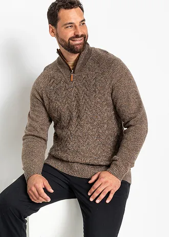 Svetr s límcem na zip, z copánkové pleteniny s podílem vlny, barva: hnědý melír