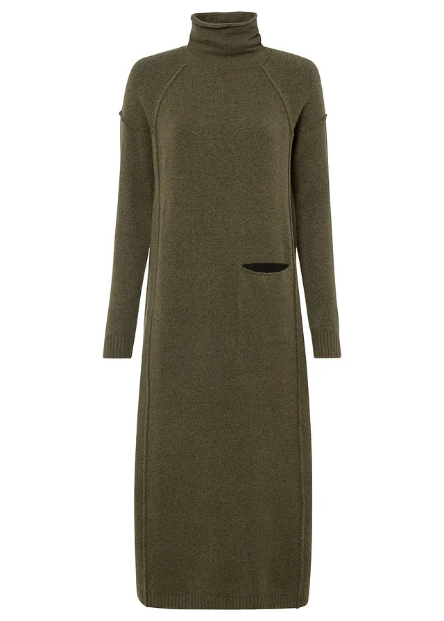Pletené šaty s rolákovým límcem • tmavě olivový melír • bonprix obchod