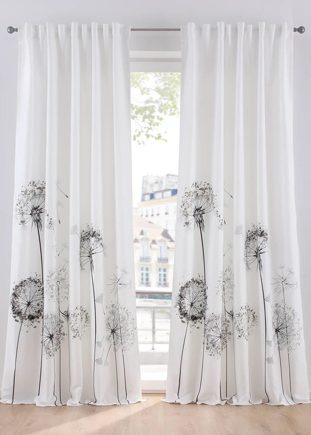 Microvezel gordijn met bloemenprint (1 stuk), Kleur: wit-grijs