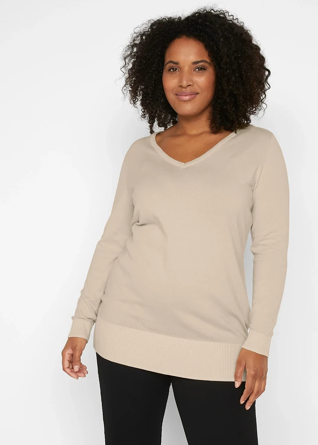 Pull long basique en fine maille à col V, Couleur: sable clair