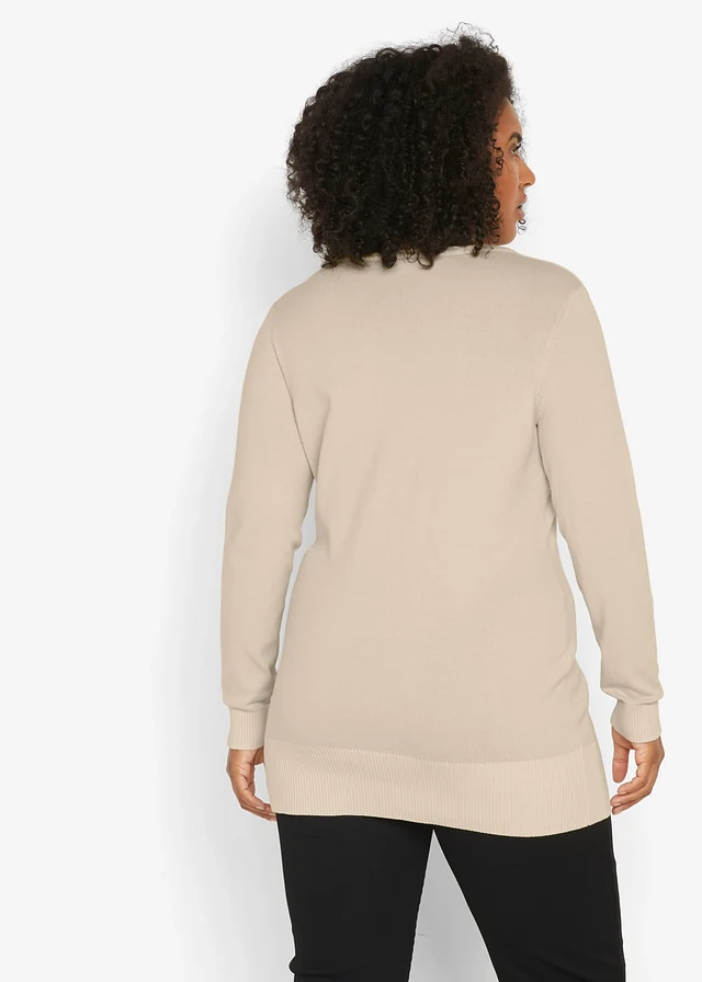 Pull long basique en fine maille à col V, Couleur: sable clair