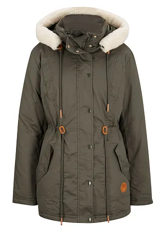 Gewatteerde parka met imitatiebont, Kleur: donkerolijfgroen