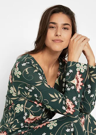 Bavlněné žerzejové šaty se zavinovacím vzhledem • tmavě zelená s květy • bonprix obchod