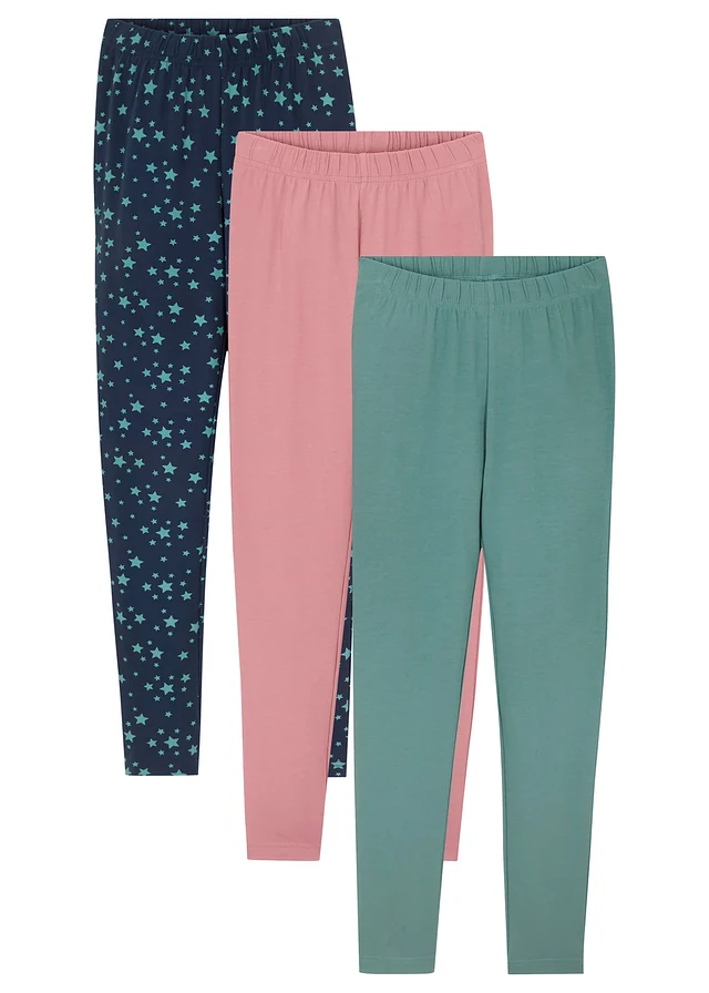 Lot de 3 leggings en jersey de coton extensible, Couleur: bleu foncé + rose fumé + sauge fumé imprimé