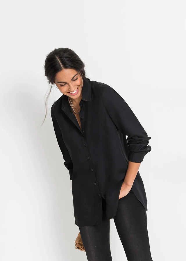 Lange overhemdblouse van viscose, Kleur: zwart