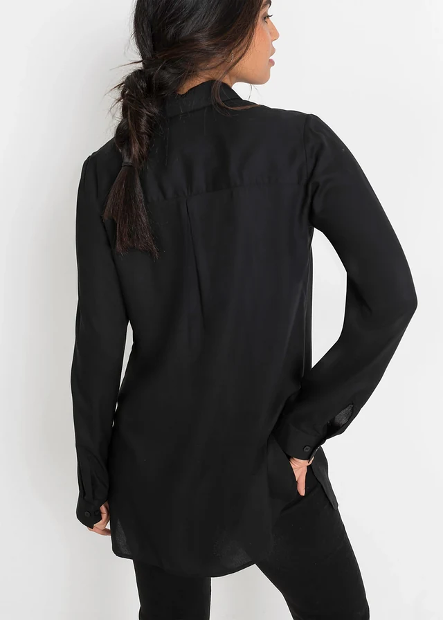 Lange overhemdblouse van viscose, Kleur: zwart
